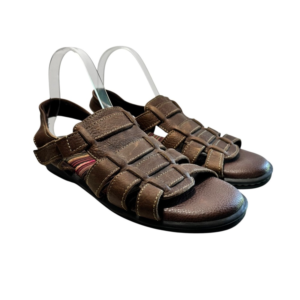 Minnetonka Sandals Shoes Mens Size 11WW Brown Leather Fisherman Hook Loop Casual